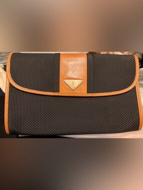 Authentic Yves Saint Laurent Black Woven Canvas and Tan Leather Trim Clutch